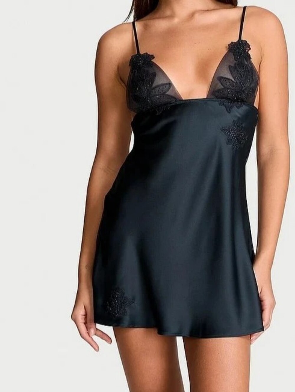 Victoria's Secret Blue Satin Lace-Trim Chemise Size L